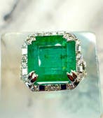 Bague - 14 carats Or blanc - 12.41ct. tw. Émeraude - Diamant