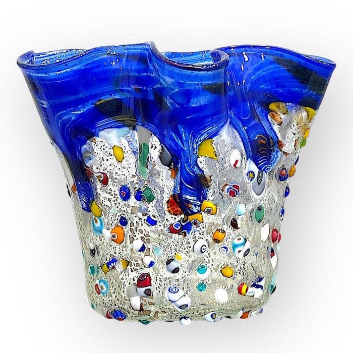 Filippo Maso - Vaas - Blauwe zakdoek met zilveren blad en, Antiek en Kunst, Antiek | Glaswerk en Kristal
