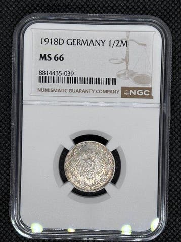 Duitsland, keizerrijk 1/2 Mark 1918D NGC MS66 (Zonder