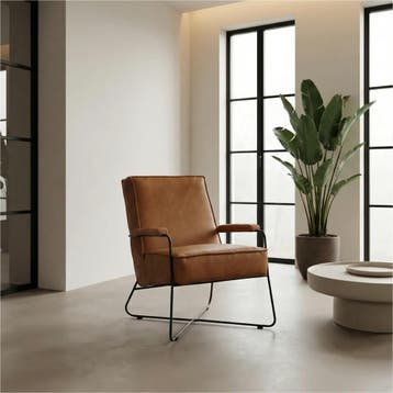 Leren fauteuil Hope - Vintage Cognac (cognac), Huis en Inrichting, Fauteuils, Nieuw, Ophalen of Verzenden, Eigentijds, Industrieel, Modern, Scandinavisch