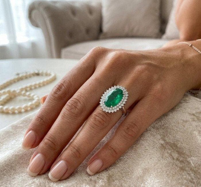 Bague - 18 carats Or blanc - 4.15ct. tw. Émeraude - Diamant, Bijoux, Sacs & Beauté, Bagues