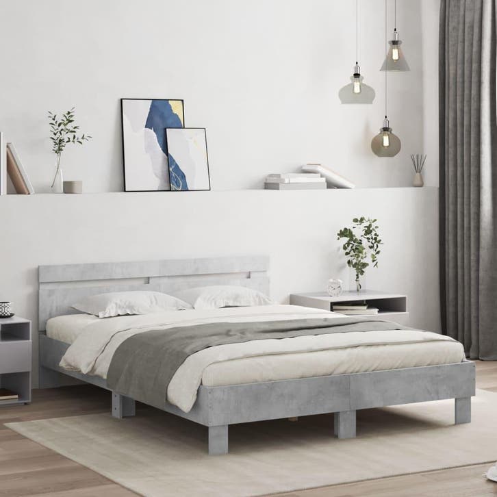 vidaXL Bedframe met hoofdeinde bewerkt hout betongrijs, Huis en Inrichting, Slaapkamer | Bedden, Nieuw, Verzenden