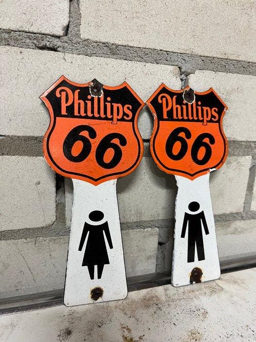 Vintage Phillips 66 toilet sign – metalen reclamebord – USA, Antiek en Kunst, Antiek | Wandborden en Tegels