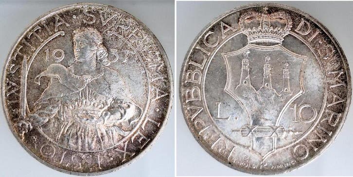 1938 10 Lira San Marino 1937, Stgl Top, Archiv Franq zilver, Postzegels en Munten, Munten | Europa | Niet-Euromunten, België, Verzenden