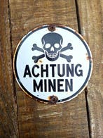 Emaille bord - Pas op mijnen! - Emaille