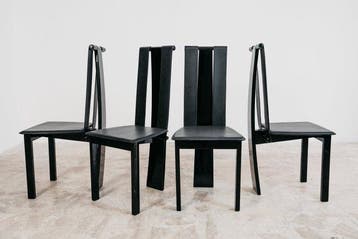 Stoel - Hout, Leder - Set van vier originele postmoderne