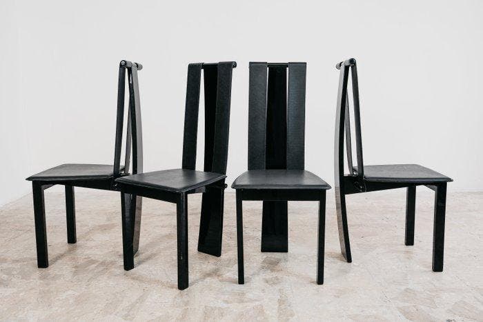 Stoel - Hout, Leder - Set van vier originele postmoderne, Antiquités & Art, Art | Objets design