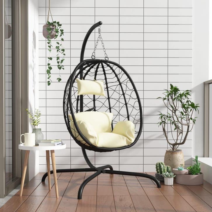 vidaXL Hangende Ei-stoel met Kussen Crèmewit Poly Rattan &, Tuin en Terras, Overige Tuin en Terras, Nieuw, Verzenden