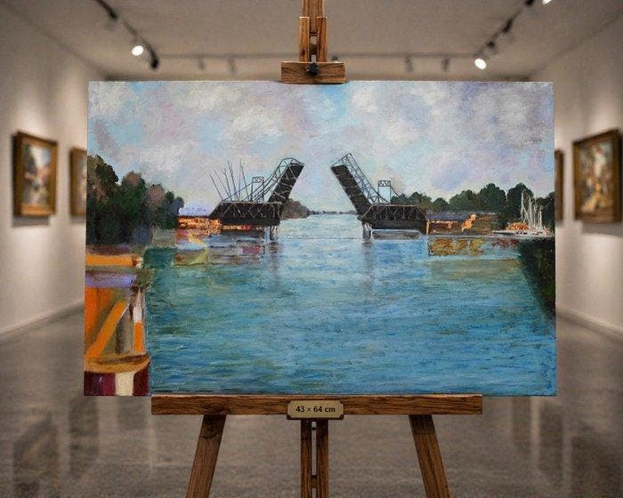 École européenne (XX) - NO RESERVE - Pont levant sur la, Antiek en Kunst, Kunst | Schilderijen | Klassiek