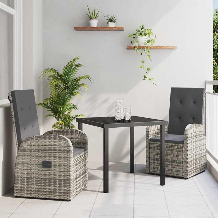 vidaXL Tuin Eettafel Set met kussen 3 pcs Grijs poly rattan, Tuin en Terras, Tuinsets en Loungesets, Nieuw, Verzenden