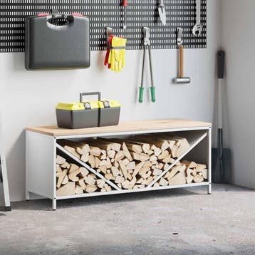 vidaXL Brandhoutrek met houten blad 100,5x35,5x40 cm wit, Tuin en Terras, Verzenden