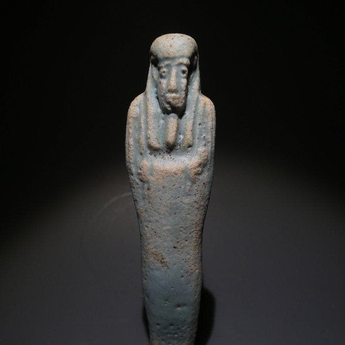 Oud-Egyptisch Faience Shabti. 11 cm hoog. 30e Dynastie,, Verzamelen, Mineralen en Fossielen