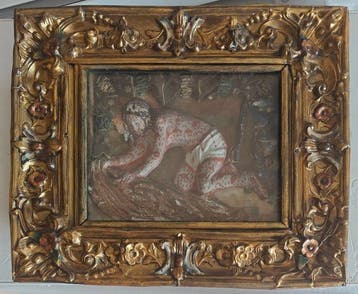 Religiöser Rahmen - Knielende Christus - Antiek - Gips,