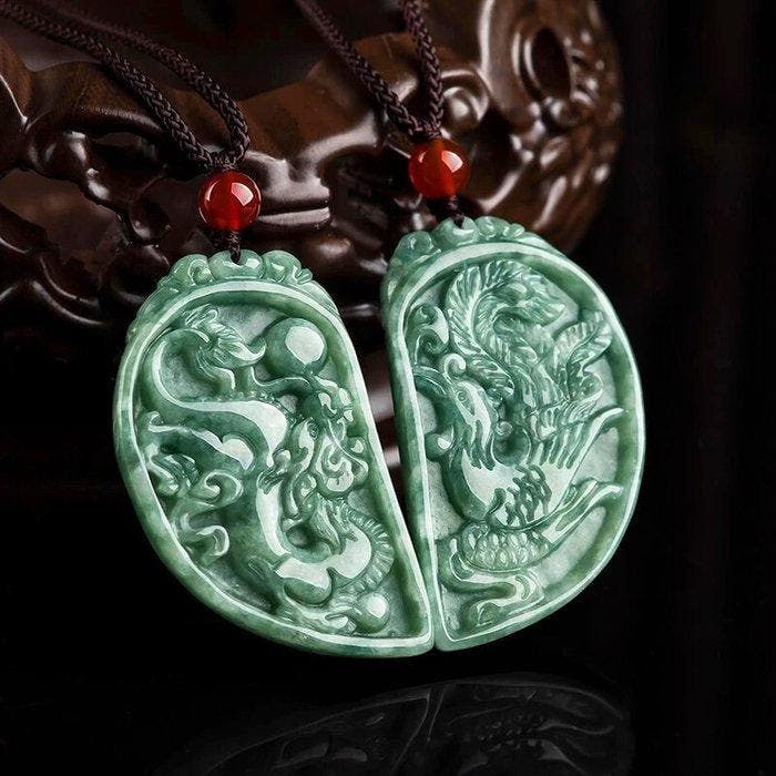 Jade - NGTC Jadeiet Feicui - Hanger - Koppel Draak & Feniks, Verzamelen, Mineralen en Fossielen
