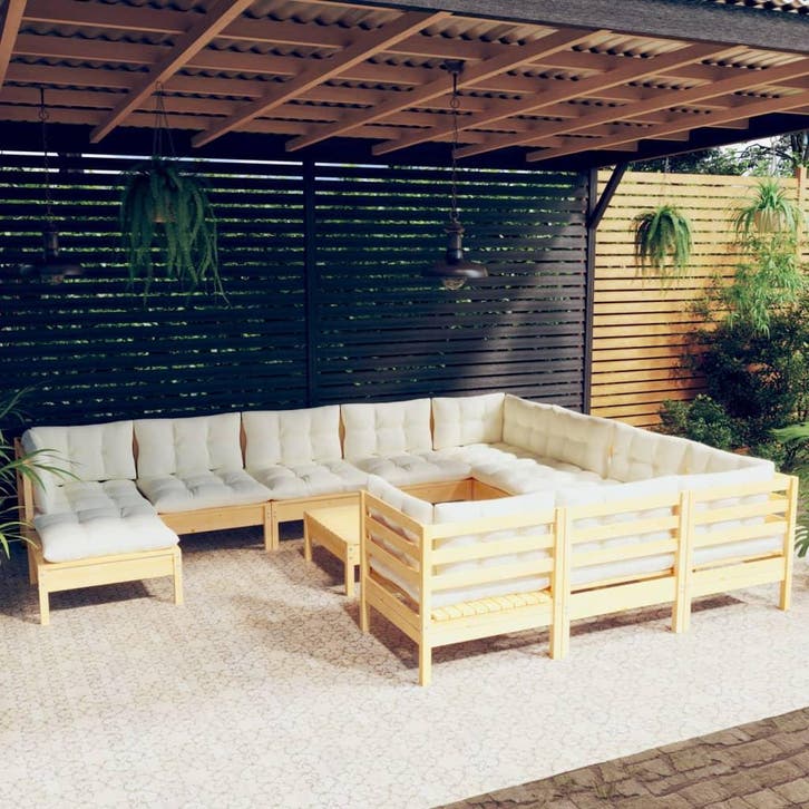vidaXL 12-delige Loungeset met crèmekleurig kussens, Tuin en Terras, Tuinsets en Loungesets, Loungeset, Nieuw, Verzenden