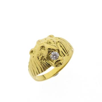 Gouden ring van een leeuwenkop met zirconia, Gebruikt, 19 tot 20, Ophalen of Verzenden, Dame of Heer