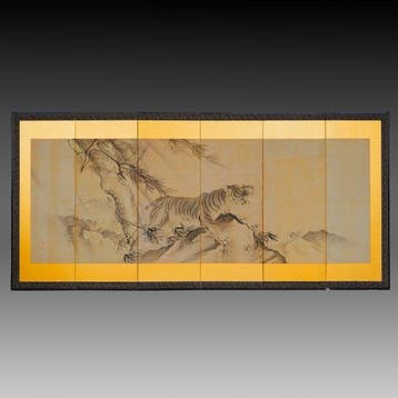 Paravent pliant avec un tigre - Papier, Soie, Bois laqué,