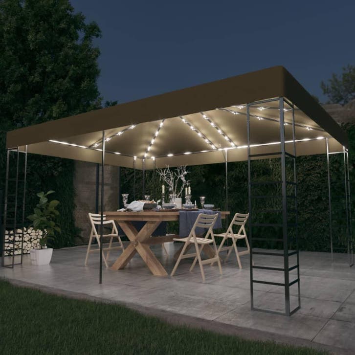 vidaXL Prieel met LED-lichtslinger 3x4 m taupe, Tuin en Terras, Partytenten, Nieuw, Verzenden