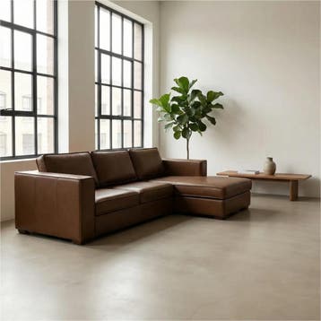 Leren hoekbank Fine - 2 zits arm links + longchair rechts -, Nieuw, Ophalen of Verzenden, Modern, 200 tot 250 cm