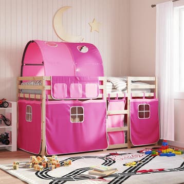vidaXL Stapelbed met gordijnen 90x200 cm grenenhout roze, Verzenden