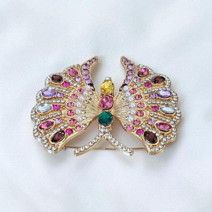 Vintage vlinderbroche van verguld metaal, versierd met, Antiek en Kunst, Curiosa en Brocante