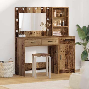 vidaXL Kaptafel met spiegellichten met lade 2 pcs Bruin, Huis en Inrichting, Tafels | Kaptafels, Verzenden, Nieuw