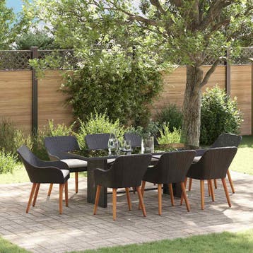 vidaXL Tuin Eettafel Set 9 st Zwart poly rattan, Verzenden, Nieuw