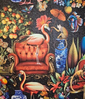 Textiel Vases Paradise met apen en flamingos - monochroom, Antiek en Kunst