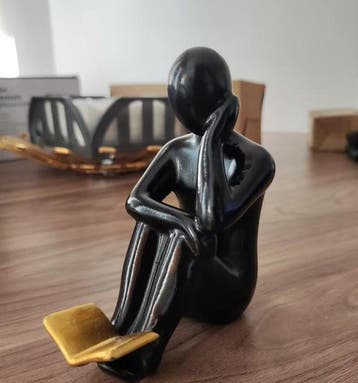 Modern Contemplative Reader Sculpture – Black Resin Figurine