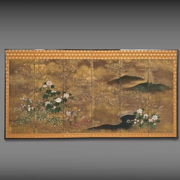 Écran pliant avec un paysage d’automne dans le style de