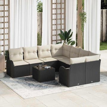 vidaXL Tuinbank Set 9 pcs Zwart en Crème Poly Riet en Staal, Verzenden, Nieuw