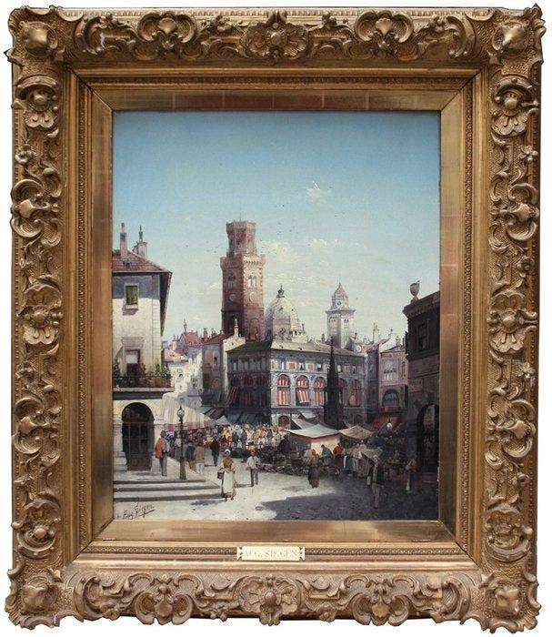 August Siegen (1850) - Market scene in Bologna, Antiquités & Art, Art | Peinture | Classique