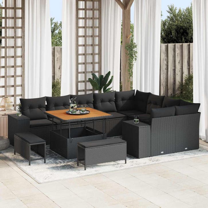 vidaXL Tuinbank Set met kussen 12 pcs Zwart poly rattan, Tuin en Terras, Tuinsets en Loungesets, Nieuw, Verzenden