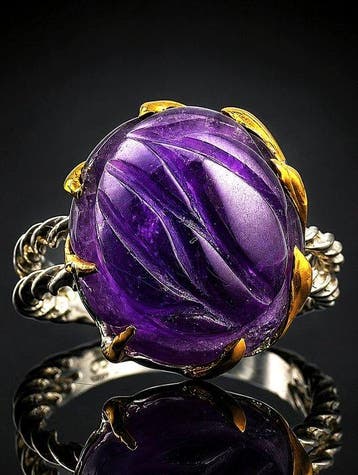 Gegraveerde Amethist Ring - 925 Sterlingzilver - Sculpturale