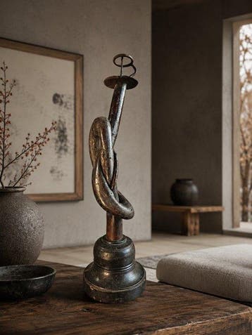 Antieke Japanse primitieve houten sculptuur kandelaar met
