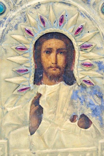 Icoon - Christus Pantokrator - Messing, Hout