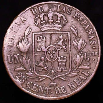 Spanje. Isabel II. 25 Centimos de Real Acuñada en Segovia en
