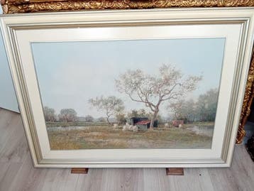 Niels Vaes (XX) - Landschap met schapen, Antiek en Kunst