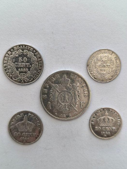 Frankrijk. Lot de 5 monnaies en argent, 1850/1882 (Zonder, Postzegels en Munten, Munten | Europa | Niet-Euromunten