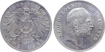 Duitsland 2 Mark Georg Koenig v Sachsen 1904 E vz/prfr/f..., Verzenden, België