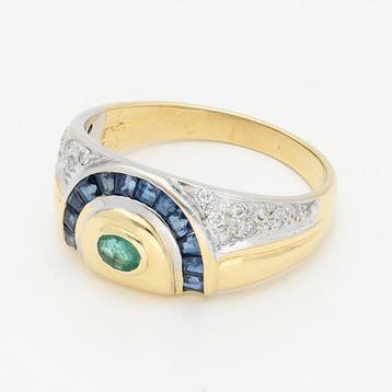 Bague - 18 carats Or jaune - Diamant - Émeraude - Saphir