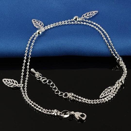 Fako Bijoux - Enkelbandje Verzilverd - Blaadjes - 22cm -, Handtassen en Accessoires, Enkelbandjes en Enkelkettinkjes, Verzenden