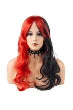 Luxe Lange Zwart Rode Pruik Haarwerk Krullen Pony Duivel Hek, Ophalen of Verzenden, Nieuw