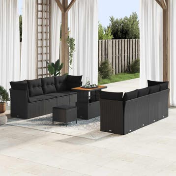 vidaXL Tuinbank Set met kussen 11 pcs Zwart poly rattan, Tuin en Terras, Verzenden, Nieuw