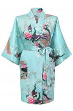 KIMU® Kimono Lichtblauw Kort S-M Yukata Satijn Boven de Knie, Kleding | Dames, Ophalen of Verzenden, Nieuw