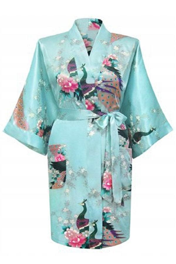 KIMU® Kimono Lichtblauw Kort S-M Yukata Satijn Boven de Knie, Kleding | Dames, Carnavalskleding en Feestkleding, Nieuw, Ophalen of Verzenden