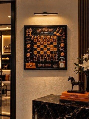 Art Stray-Nos -  Cadre échiquier Hermès Echec au Luxe ..., Antiek en Kunst
