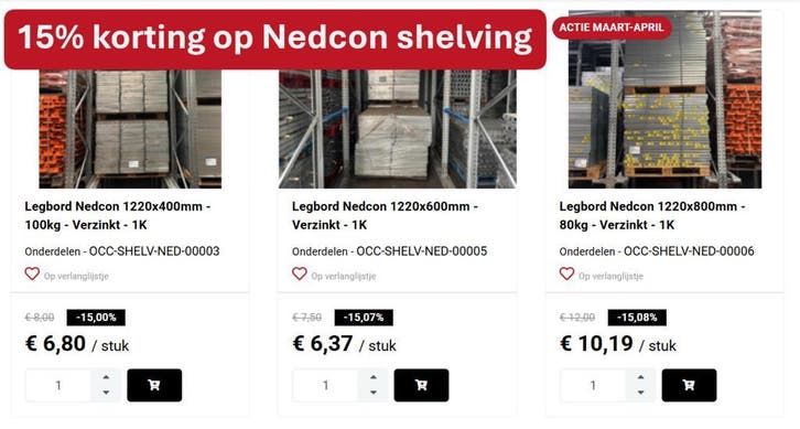 Nedcon Legbordstelling/shelving - Diverse onderdelen - 15%, Zakelijke goederen, Kantoor en Winkelinrichting | Magazijn, Stelling en Opslag