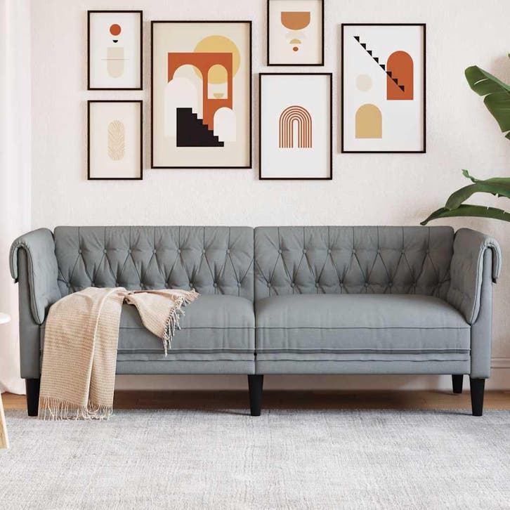 vidaXL Driezitsbank Chesterfield-stijl stof lichtgrijs, Huis en Inrichting, Zetels | Zetels, Nieuw, Verzenden