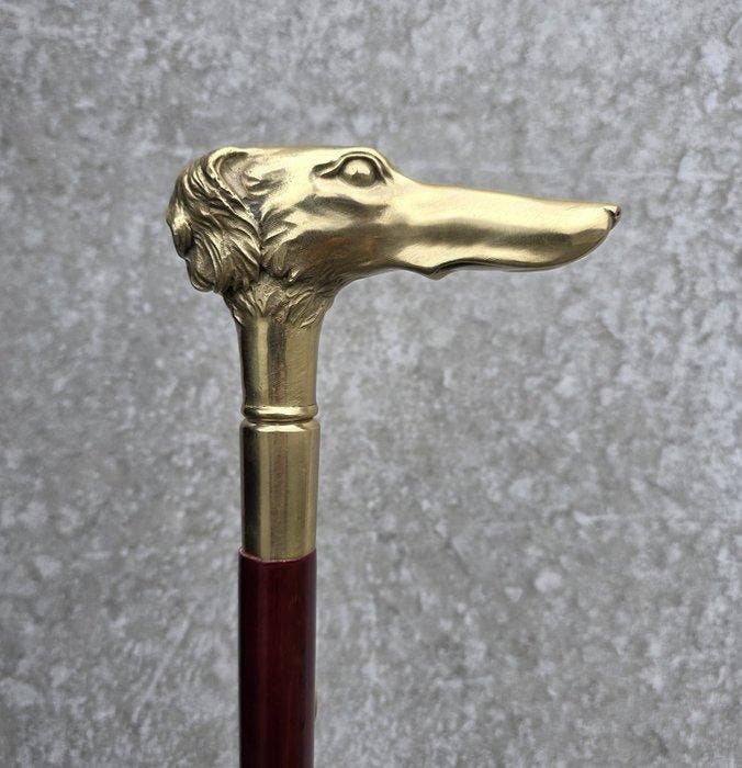 Canne de marche - Bronze, Bois - poignée pour chien, Antiek en Kunst, Kunst | Designobjecten